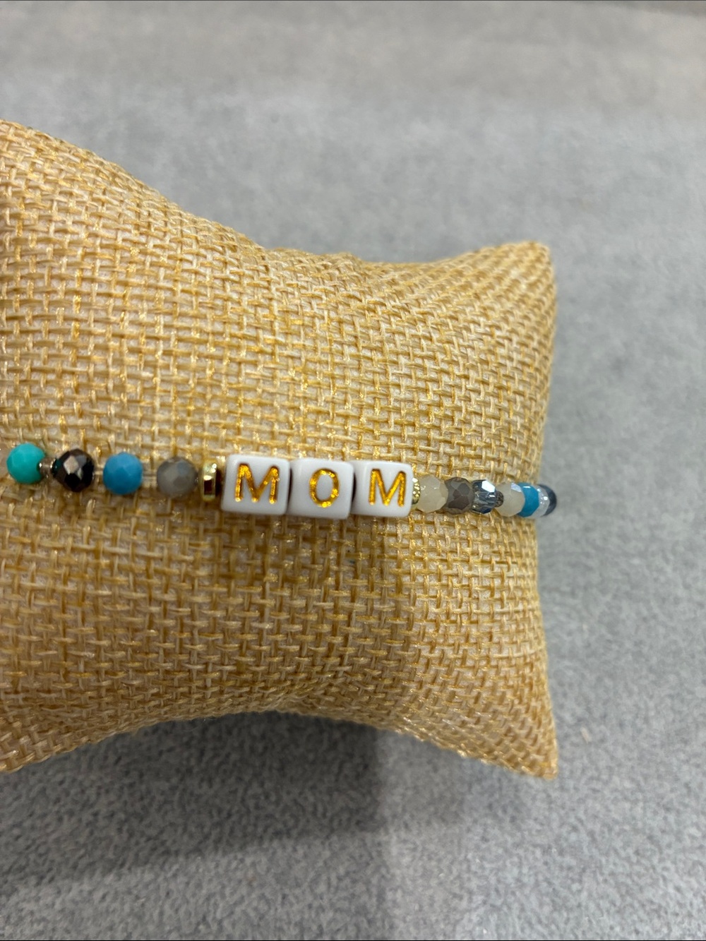 MOM Beaded Stretch Bracelet with Turquoise and Gold Accents